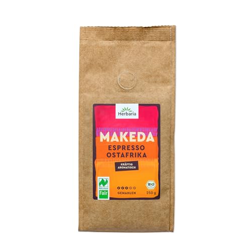 Herbaria MAKEDA Bio Espresso gemahlen 250g – Naturland Fair zertifiziert aus Ostafrika – Röstaromen mit Kakao- & Eichenholz-Noten – Bio Kaffeebohnen gemahlen für die Siebträger und Espressokocher von Herbaria