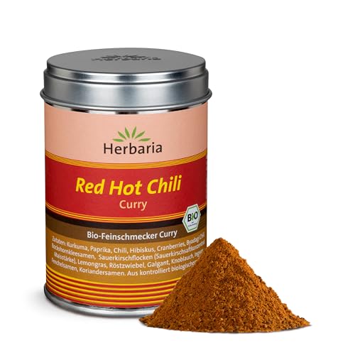Herbaria Red Hot Chili Curry bio 80g M-Dose – Bio-Currypulver, Bio-Curry-Mischung - fertige Bio-Gewürzmischung für die extra scharfe Küche mit erlesenen Zutaten - in nachhaltiger Aromaschutz-Dose von Herbaria