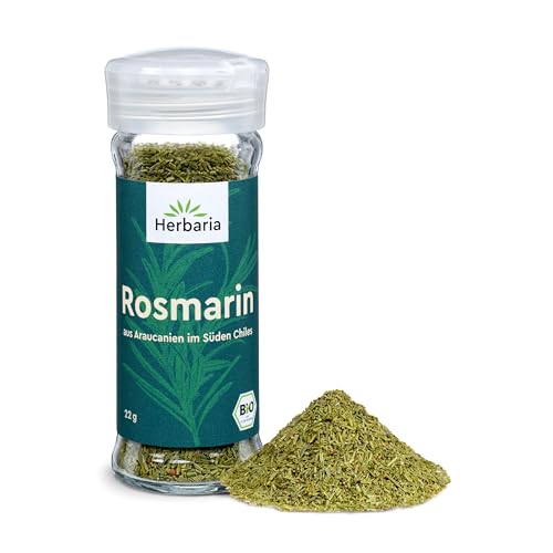 Herbaria Rosmarin bio 22g Streuer – Bio Rosmarinspitzen getrocknet – Bio-Kräuter - Bio-Gewürz – mediterrane Kräuter - Premium Bio-Qualität - im praktischen Glas-Gewürzstreuer von Herbaria