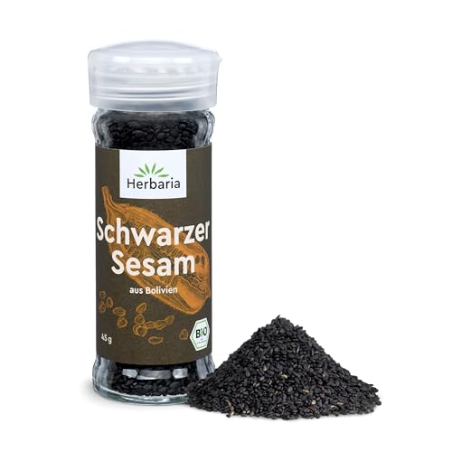 Herbaria Schwarzer Sesam bio 45g Streuer – Bio schwarzer Sesam ganze Samen – Bio-Gewürz für asiatische und orientalische Gerichte – Premium Bio-Qualität - im praktischen Glas-Gewürzstreuer von Herbaria