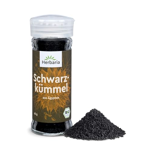 Herbaria Schwarzkümmel bio 40g Streuer – Bio Schwarzkümmel ganze Samen – Bio-Gewürz für indische und orientalische Gerichte – Premium Bio-Qualität - im praktischen Glas-Gewürzstreuer von Herbaria