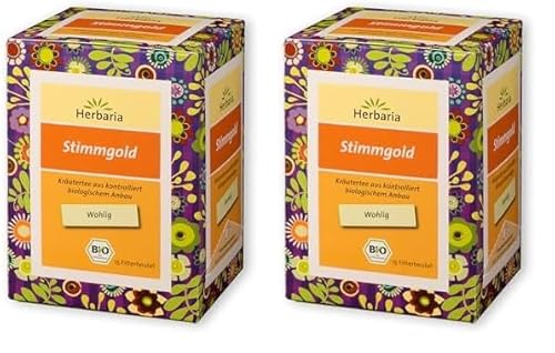 Herbaria Stimmgold Tee bio 15FB – 100% Bio-Kräutertee im Filterbeutel – perfekte Kräuterteemischung, für wohlige Wärme in Hals u. Rachen – natürlich wohltuender Teegenuss (Packung mit 2) von Herbaria