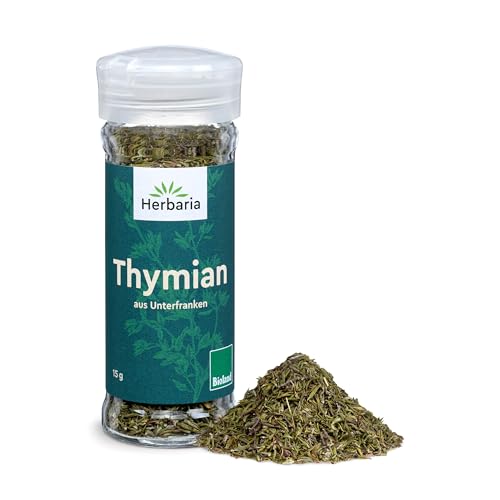 Herbaria Thymian bio 15g Streuer – Bio Thymian getrocknet und gerebelt in Bioland-Qualität – Bio-Kräuter - Bio-Gewürz – mediterrane Kräuter - Premium Bio-Qualität - im praktischen Glas-Gewürzstreuer von Herbaria