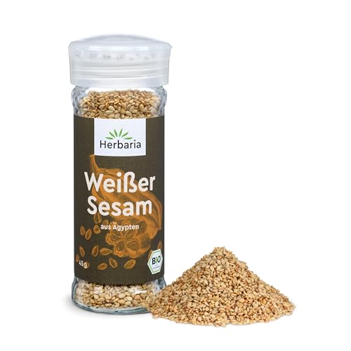 Herbaria Weißer Sesam bio 45g Streuer – Bio weißer Sesam ganze Samen ungeschält und geröstet – Bio Sesam weiß geröstet - Bio-Gewürz – Premium Bio-Qualität - im praktischen Glas-Gewürzstreuer von Herbaria