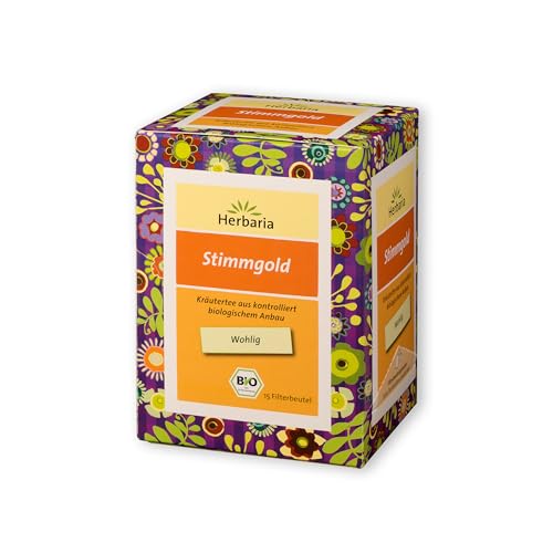 Herbaria Stimmgold Tee bio 15FB – 100% Bio-Kräutertee im Filterbeutel – perfekte Kräuterteemischung, für wohlige Wärme in Hals u. Rachen – natürlich wohltuender Teegenuss von Herbaria