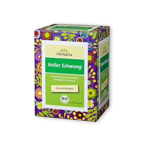 Herbaria Voller Schwung Tee bio 15FB – 100% Bio-Kräutertee im Filterbeutel – belebende Kräuterteemischung mit Mate und Grün Tee, ideal für den Morgen – natürlich wohltuender Teegenuss von Herbaria