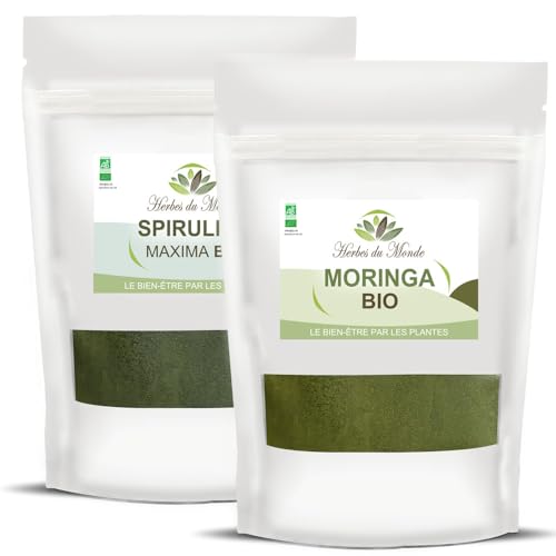 Herbes du Monde – BIO-Sport-Duo – BIO-Spirulina und BIO-Moringa – Bio-Pulver – reich an Proteinen zum Auffüllen mit Energie – Set mit 2 Beuteln à 100 g, AB-zertifiziert von Herbes du Monde