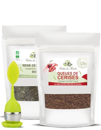 Herbes du Monde – Duo aus Schlankheits- und Eliminations-Kräutertees mit Aufguss – Wohlfühl- und Entgiftungsaufgüsse – 2 Beutel (1 Kirschstängel 100 g und 1 Mädesüß 60 g) von Herbes du Monde