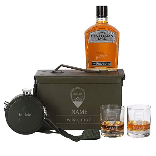 Herz & Heim® 5-tlg Jack Daniel's Gentleman Jack Whiskey in US Army Munitionskiste mit 2 gravierten Whisky-Gläsern + Feldflasche von Herz & Heim