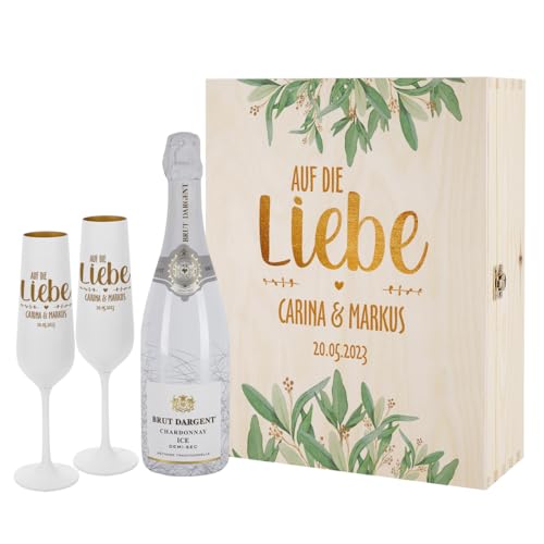 Herz & Heim® Auf die Liebe Hochzeit Geschenk-Set mit Brut Dargent Chardonay ICE Demi Sec 0,75l inkl. 2 gravierte Sektgläser von Herz & Heim