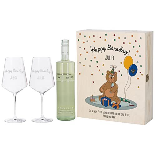 Herz & Heim® Bree Wein 0,75l im Geschenkset Happy Bärsday; mit Name, Alter und Wunschtext Weiß von Herz & Heim