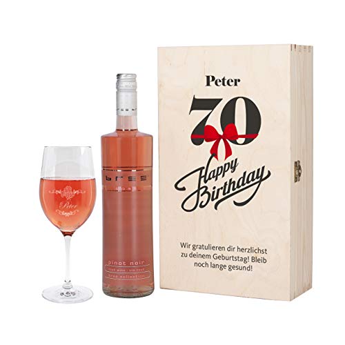 Herz & Heim® Bree Wein Geschenkkiste zum 70. Geburtstag mit graviertem Weinglas und Bree Wein zur Auswahl in Rosé von Herz & Heim