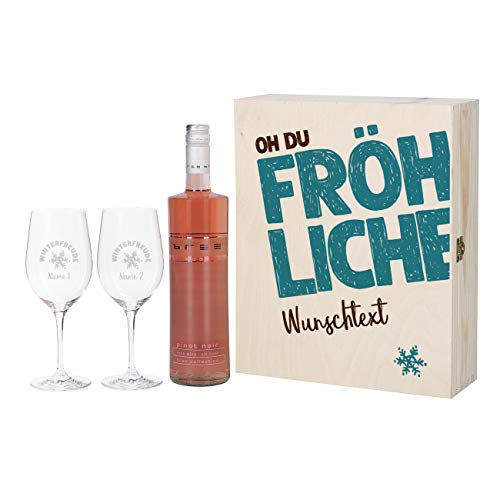 Herz & Heim® Bree Wein-Geschenkset zu Weihnachten für Paare - Oh du Fröhliche - mit 2 gravierten Weingläsern und Bree Wein zur Auswahl Rosé von Herz & Heim