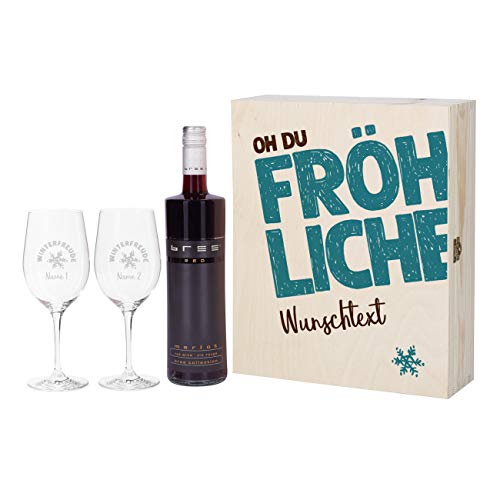 Herz & Heim® Bree Wein-Geschenkset zu Weihnachten für Paare - Oh du Fröhliche - mit 2 gravierten Weingläsern und Bree Wein zur Auswahl Rot von Herz & Heim