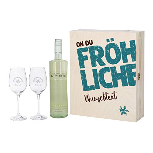 Herz & Heim® Bree Wein-Geschenkset zu Weihnachten für Paare - Oh du Fröhliche - mit 2 gravierten Weingläsern und Bree Wein zur Auswahl Weiß von Herz & Heim