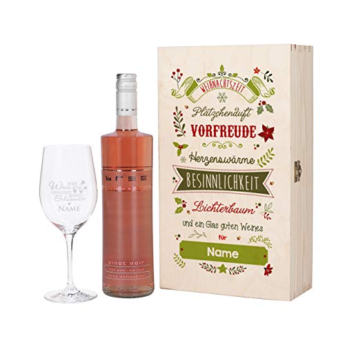 Herz & Heim® Bree Wein-Geschenkset zu Weihnachten mit graviertem Weinglas und Bree Wein zur Auswahl in Präsentbox Rosé von Herz & Heim