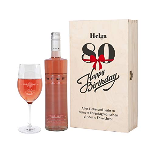 Herz & Heim® Bree Weingeschenk zum 80. Geburtstag mit graviertem Weinglas und Bree Wein zur Auswahl in Weinkiste mit Aufdruck Rosé von Herz & Heim