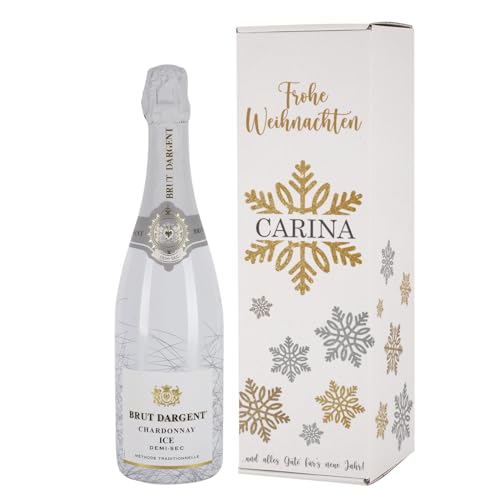 Herz & Heim® Brut Dargent Chardonay ICE Demi Sec 0,75l / Set mit weihnachtlicher Geschenkbox und Wunschname bedruckt von Herz & Heim