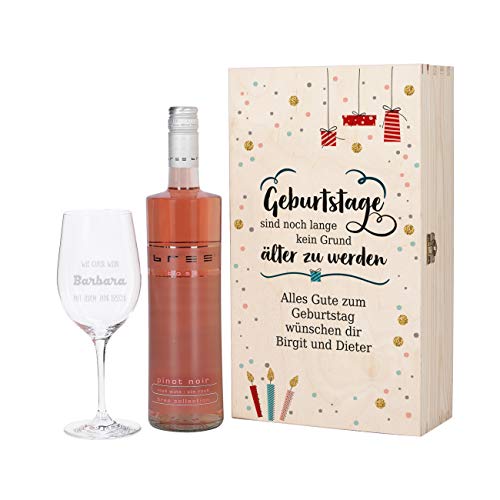 Herz & Heim® Geburtstagsgeschenk mit graviertem Weinglas und Bree Wein zur Auswahl in Präsentbox als Geschenk zum Geburtstag für Frauen und Männer Rosé von Herz & Heim