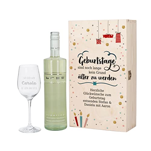 Herz & Heim® Geburtstagsgeschenk mit graviertem Weinglas und Bree Wein zur Auswahl in Präsentbox als Geschenk zum Geburtstag für Frauen und Männer Weiß von Herz & Heim