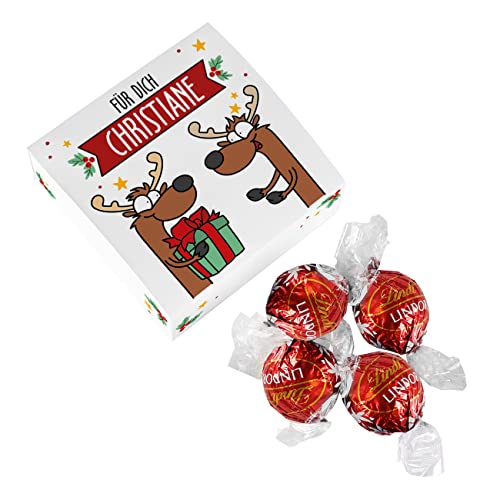 Herz & Heim® Geschenk-Schachtel mit 4 Pralinen und weihnachtlichem Motiv / Wunschname / Kleine Aufmerksamkeit Rentiere von Herz & Heim