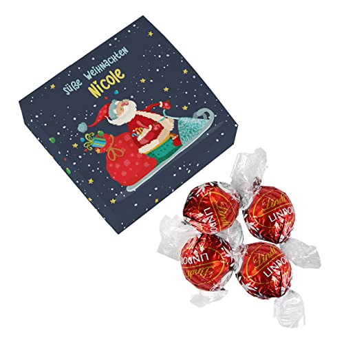 Herz & Heim® Geschenk-Schachtel mit 4 Pralinen und weihnachtlichem Motiv / Wunschname / Kleine Aufmerksamkeit Wehnachtsmann Jetski von Herz & Heim