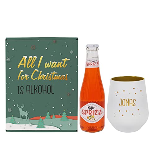 Herz & Heim® Geschenkset -All I want for Christmas- mit winterlichem Motiv, Wunschname & -text/Geschenkbox, graviertes Trinkglas und 0.2l Käfer Sprizz von Herz & Heim