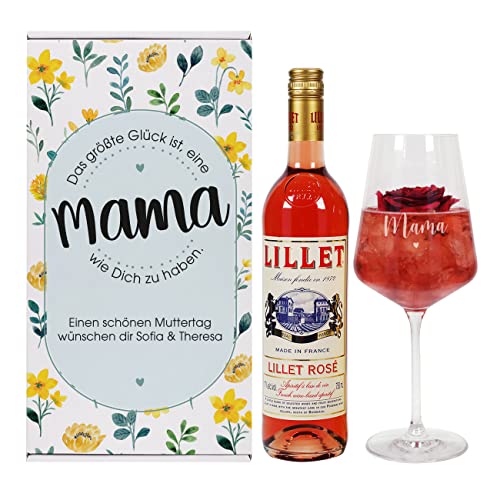 Herz & Heim® Geschenkset "Eine Mama wie Dich" mit Weinglas, Geschenkverpackung und 1 Flasche Lillet/Personalisiert Rosé von Herz & Heim