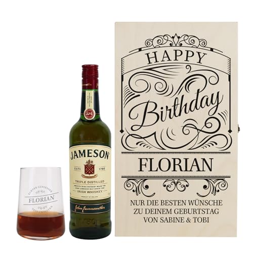 Herz & Heim® Geschenkset Jameson Irish Whiskey mit personalisertem Glas und Geschenkbox aus Holz (Geniesser) von Herz & Heim