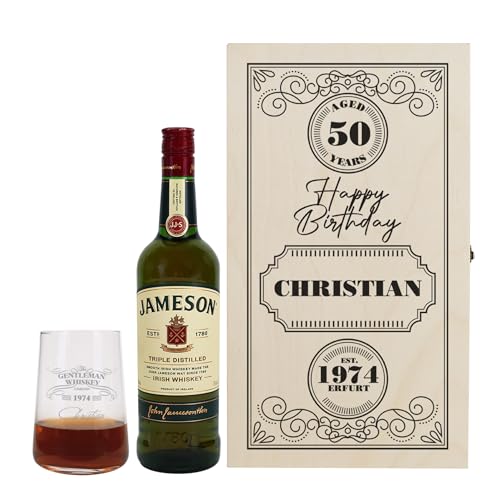 Herz & Heim® Geschenkset Jameson Irish Whiskey mit personalisertem Glas und Geschenkbox aus Holz (Gentleman) von Herz & Heim