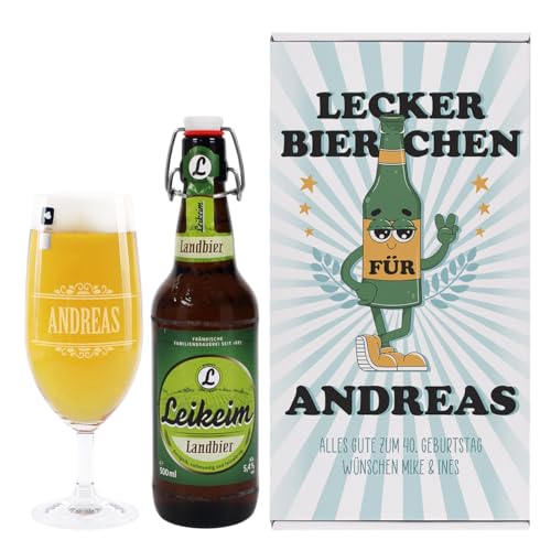 Herz & Heim® Geschenkset -Lecker Bierchen- mit graviertem Glas und einer Flasche Landbier, personalisiert von Herz & Heim