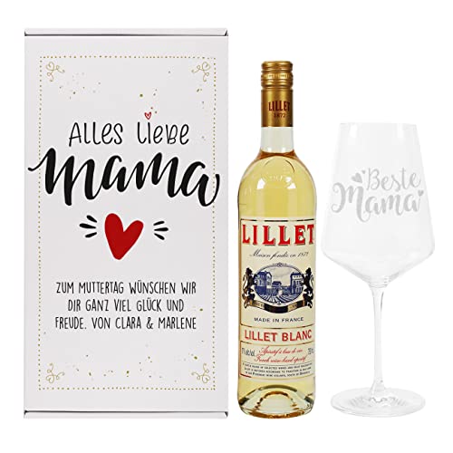 Herz & Heim® Geschenkset für die Beste Mama mit Weinglas, Geschenkverpackung und 1 Flasche Lillet/Personalisiert Blanc von Herz & Heim