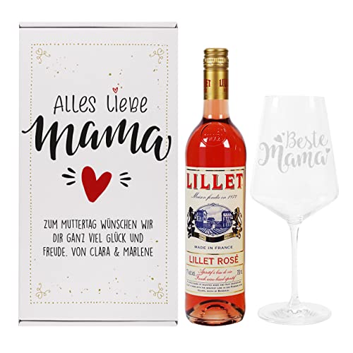 Herz & Heim® Geschenkset für die Beste Mama mit Weinglas, Geschenkverpackung und 1 Flasche Lillet/Personalisiert Rosé von Herz & Heim