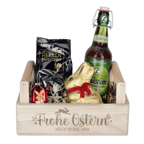 Herz & Heim® Geschenkset zu Ostern für Männer, mit Bier, Schokolade und Likörfläschchen - personalisierte Motive (Frohe Ostern) von Herz & Heim