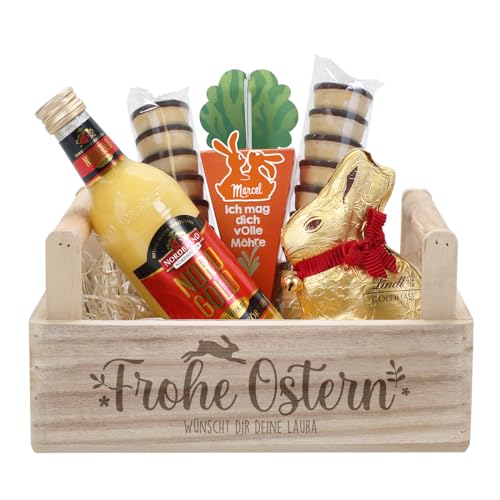 Herz & Heim® Geschenkset zu Ostern mit Eierlikör, Schokohase, Lindtkugeln und personalisiertem Geschenkkorb (Frohe Ostern) von Herz & Heim