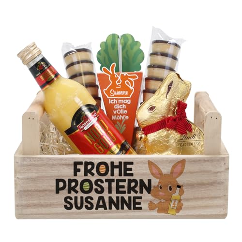 Herz & Heim® Geschenkset zu Ostern mit Eierlikör, Schokohase, Lindtkugeln und personalisiertem Geschenkkorb (Frohe Prostern) von Herz & Heim