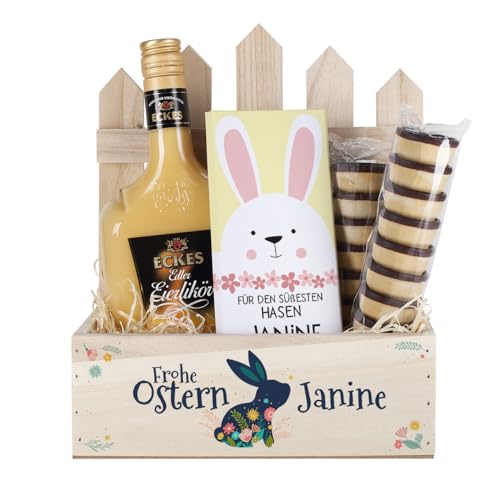 Herz & Heim® Geschenkset zu Ostern mit Eierlikör, Waffelbechern und Schokolade, Motivauswahl, personalisiert (Frohe Ostern gedruckt) von Herz & Heim