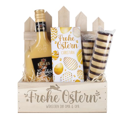 Herz & Heim® Geschenkset zu Ostern mit Eierlikör, Waffelbechern und Schokolade, Motivauswahl, personalisiert (Frohe Ostern graviert) von Herz & Heim