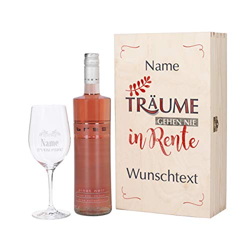 Herz & Heim® Geschenkset zur Rente mit BREE Wein zur Auswahl und Leonardo Weinglas mit persönlicher Gravur Rosé von Herz & Heim