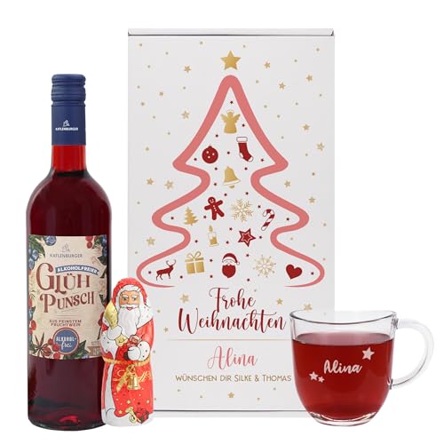 Herz & Heim® Geschenkset zur Weihnachtszeit - Alkolfreier Glühpunsch mit gravierter Glastasse (Weihnachtsbaum) von Herz & Heim