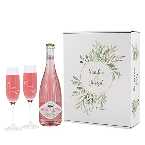 Herz & Heim® Hochzeits-Sekt-Geschenk/gravierte Sektgläser, Fruchtsecco und Geschenkverpackung mit floralem Muster Grapefruit von Herz & Heim