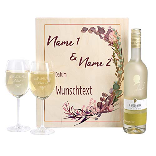 Herz & Heim® Hochzeitswein-Geschenk mit gravierten Leonardo Weingläsern und Maybach Weißwein zur Auswahl in Weinkiste Chardonnay von Herz & Heim