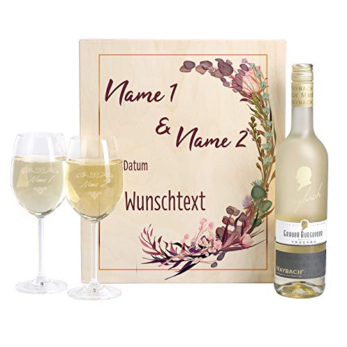 Herz & Heim® Hochzeitswein-Geschenk mit gravierten Leonardo Weingläsern und Maybach Weißwein zur Auswahl in Weinkiste Grauer Burgunder/Rivaner von Herz & Heim