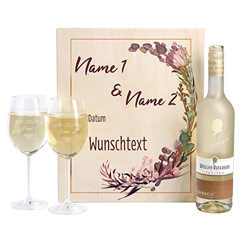 Herz & Heim® Hochzeitswein-Geschenk mit gravierten Leonardo Weingläsern und Maybach Weißwein zur Auswahl in Weinkiste Weißer Burgunder von Herz & Heim