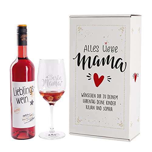 Herz & Heim® Lieblingswein Cuvee (0.75l) halbtrocken Geschenkset mit Weinglas "Alles liebe Mama" mit Wunschtext (Rot) von Herz & Heim