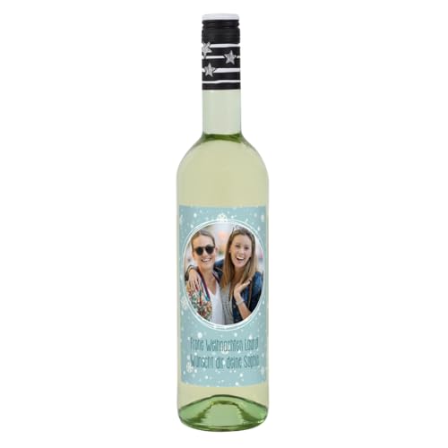 Herz & Heim® Lieblingswein Cuvee Halbtrocken (0.75 l) mit personalisiertem Foto-Etikett -Weihnachten Blau- Weißwein von Herz & Heim