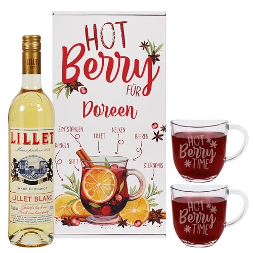 Herz & Heim® Lillet Geschenkset "Hot Berry" mit zwei gravierten Gläsern, einer Geschenkbox und einer Flasche Lillet (0.75l, Blanc) von Herz & Heim