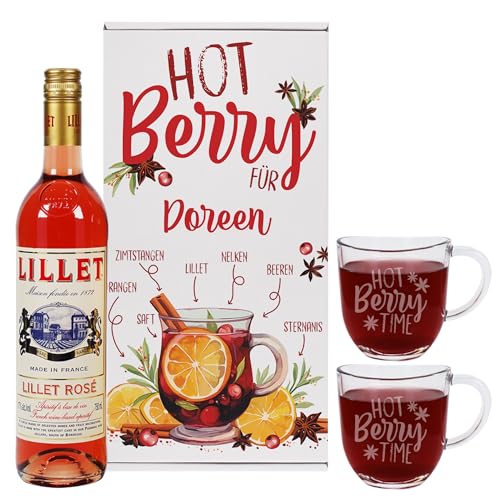 Herz & Heim® Lillet Geschenkset "Hot Berry" mit zwei gravierten Gläsern, einer Geschenkbox und einer Flasche Lillet (0.75l, Rosé) von Herz & Heim