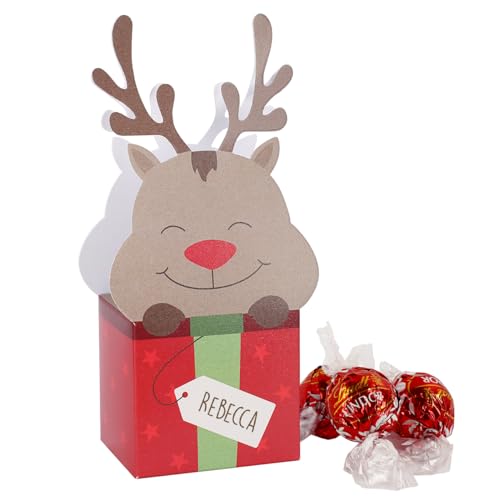 Herz & Heim® Lindt Lindor Kugeln 3 Stück in handgefertigter Rentier Verpackung als Weihnacht-Geschenk Wichtel oder Nikolaus mit Wunschnamen personalisiert von Herz & Heim