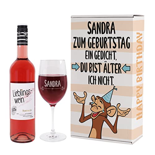 Herz & Heim® Lustiges Party-Geburtstagsgeschenk mit Lieblingswein und bedrucktem Leonardo Weinglas in Geschenkverpackung Rosé, Du bist alt von Herz & Heim